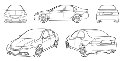 Fotobehang Set of classic sedan car. Different five view shot - front, rear, side and 3d. Outline doodle vector illustration   © Anton Baranovskyi