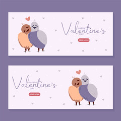 Set of hand draw banners with two bird and hearts for Valentine's day. Happy Valentine's day and button read more. Peach fuzz, red, purple brow and pink colors.Cartoon style. Web vector illustration