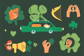 Fototapeta premium Saint Patrick's Day collection, St Patty sticker vector set. Luck symbols, people in shamrock costumes, hand holds four-leaf clover, hands do love sign with Ireland flag, luck delivery car, Irish harp