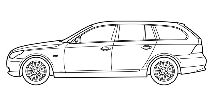 Ivano-Frankivsk, Ukraine - 29 November 2023: Outline drawing of a BMW E60 5 series classic executive busines station wagon car, from side view. Vector doodle illustration