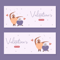 Set of hand draw banners with two bird under rain and hearts for Valentine's day. Happy Valentine's day. Peach fuzz, red, purple brow and pink colors.Cartoon style. Web design vector illustration