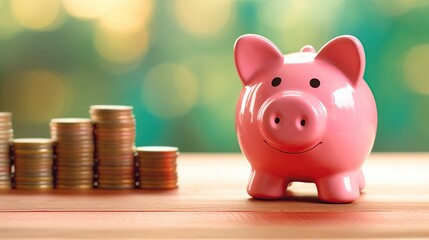 Pink piggy bank with coins. The concept of savings and accumulation of funds