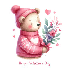 Watercolor Valentine's Day card, children's illustration with animal bear.