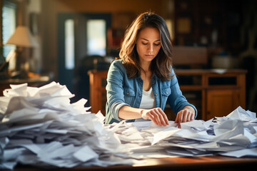 Tired of office work, a woman reviews documents in her workspace. Stress and constant lack of time - obrazy, fototapety, plakaty