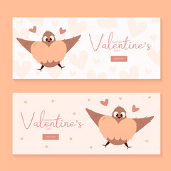 Set of hand draw banners with flying bird and hearts for Valentine's day. Happy Valentine's day and button read more. Peach fuzz, red, brow and pink colors.Cartoon style. Web vector illustration