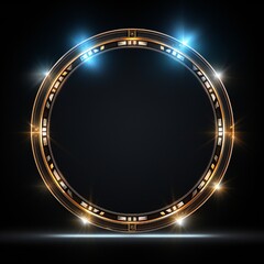 Glowing metal circle frame with lightning bolts coming out on black background Generative AI