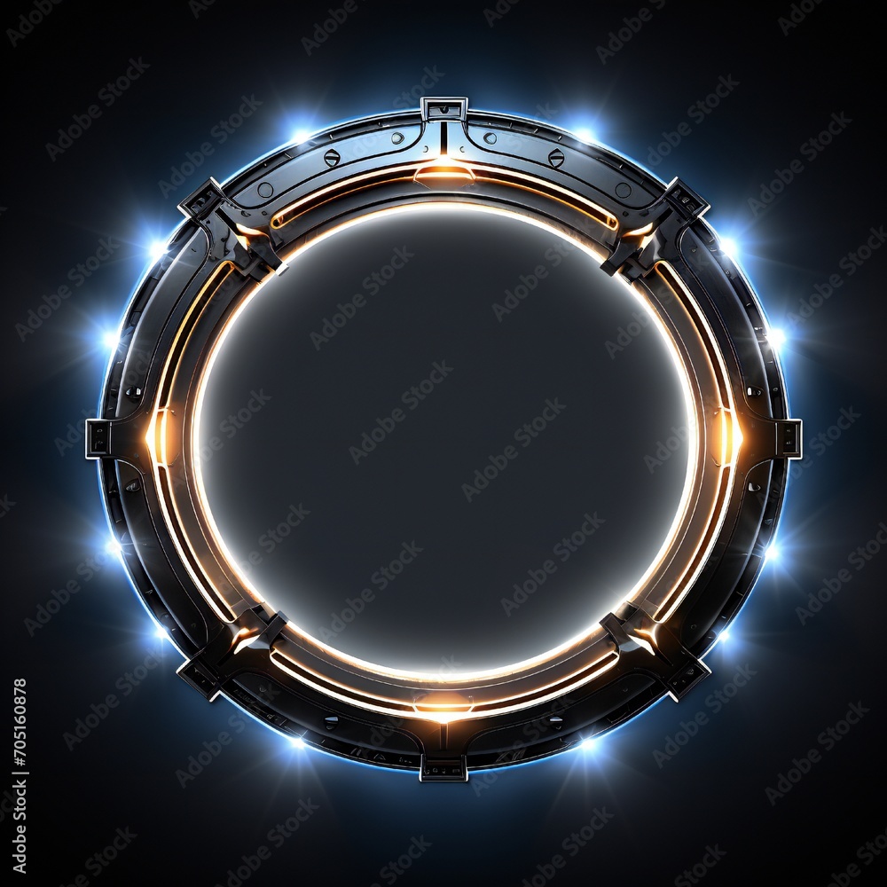 Wall mural glowing metal circle frame with lightning bolts coming out on black background generative ai