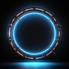 Glowing metal circle frame with lightning bolts coming out on black background Generative AI
