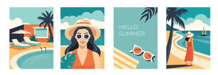 Summer holidays, travel and vacation concept set. Collections of retro style posters with beautiful woman wearing sunglasses and hat, seaside landscape, swimming pool. Vector illustration.