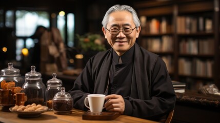 Fototapeta na wymiar Portrait of a smiling Asian man drinking tea in a traditional tea shop