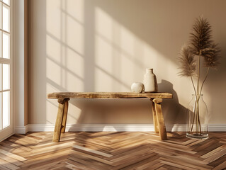 Wooden bench with parquet, white wall near the window. Generative AI