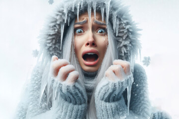 a frozen person, braving the icy conditions with a surprised expression on solid white background. ai generative