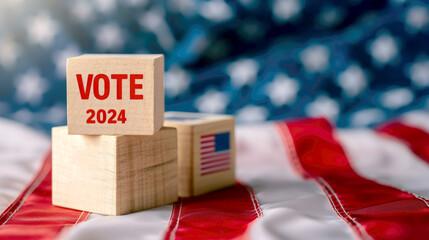 Fototapeta na wymiar United States presidential election in 2024. Wooden cubes with text VOTE and 2024 over the American flag background.