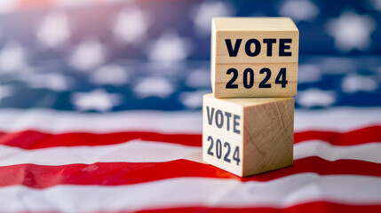 United States presidential election in 2024. Wooden cubes with text VOTE and 2024 over the American flag background. - obrazy, fototapety, plakaty