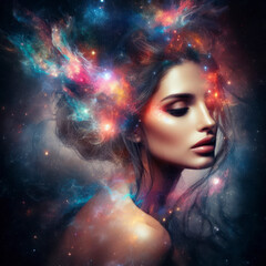 abstract portrait of a woman double exposure with a colorful digital paint splash or space nebula. ai generative