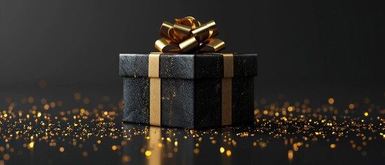 Exquisite 3D Of A Black Gift Box With A Golden Bow On A Black Background