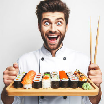 male chef with a set of sushi smiles on solid white background. ai generative