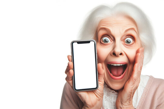 happy old woman with Huge Eyes surprised expression hold smartphone with white mockup screen. ai generative