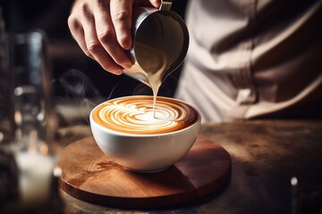 The barista pour milk to making latte art.
