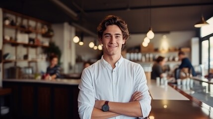 Male coffee shop business owner stands proudly happy in a cozy coffee shop. Small business owner.