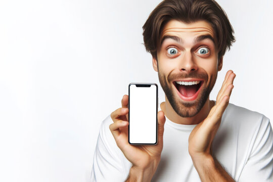 happy man with Huge Eyes surprised expression hold smartphone with white mockup screen. ai generative
