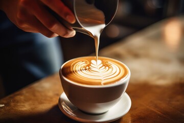 The barista pour milk to making latte art. - obrazy, fototapety, plakaty