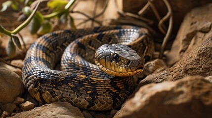 Fototapeta premium Desert snake reptile sunbathing and heating wallpaper background