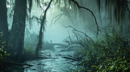 Dark mist fogy forest swamp nature wallpaper background