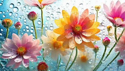 Abstract pattern of flower with water drops on wet glass