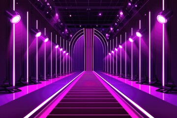 Visually Appealing Illustration Capturing A Fashion Event Ambiance Show Stage With A Purple Carpet And Fashion Runway