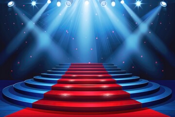 Illustration Of Stage Podium With Red Carpet For Fashion Show Spotlight On Stage, Blue Background, Exhibition Space Illustration - obrazy, fototapety, plakaty