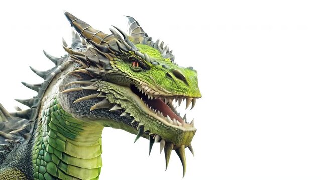 A green dragon is moving and speaking something on a white background. High quality 4k footage
