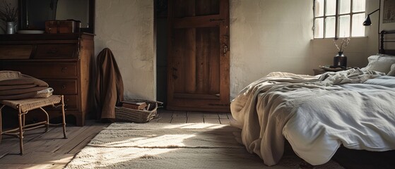 a bed with a blanket and a basket in front of a door