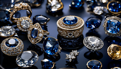 Blue diamond and white diamonds jewellery design , luxury diamonds background, sapphire gemstone, macro diamonds, Modern Jewelry