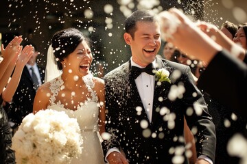 Obraz na płótnie Canvas Joyful Newlyweds, Rice Sprinkled, Capture Wedding Ceremony In Photographs