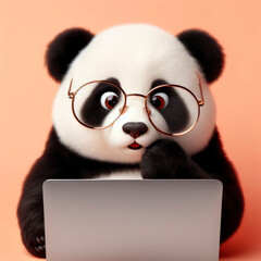 A panda with glasses and a surprised look on her face is looking at a laptop on solid color background. ai generative