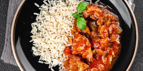 chicken Basque with rice meat tomato sauce tasty fresh delicious healthy eating cooking appetizer...