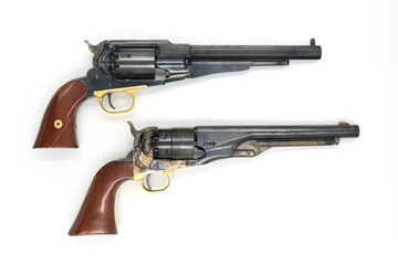 Two most famous black powder revolvers Colt 1860 Army and Remington 1858 New Army on a white background. Comparision, right side.