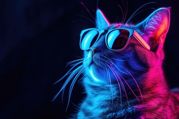 Abstract Blue And Purple Neon Lights On Black Background With Empty Space Humorous Feline Wearing Shades Strikes A Pose