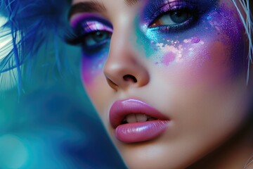 A Woman Showcasing A Vibrant Blue And Purple Makeup Look