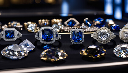 Blue diamond and white diamonds jewellery design , luxury diamonds background, sapphire gemstone, macro diamonds, Modern Jewelry	