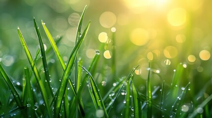 Beautiful blades of grass kissed by dew, captured in a close-up photo in the morning