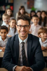Fototapeta premium smiling and happy teacher posing in front of the camera at school