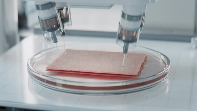 Time-Lapse of Artificial Skin Tissue being Grown in Lab. Medical Printer for Organic Tissue in Futuristic Laboratory. Bioprinting Advanced Technology Concept