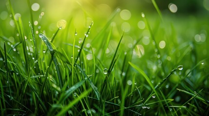 Fototapeta premium Beautiful blades of grass kissed by dew, captured in a close-up photo in the morning