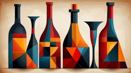 bottle and glass wine cubist ai generated