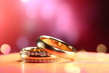 two gold wedding rings are in front of a pink bokeh background, in the style of digitally enhanced, copy space