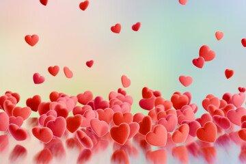 Valentine's Day. Background of many fluffy flying red hearts. 3D rendering