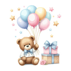 Cute watercolor teddy bear with balloons. Happy birthday card.