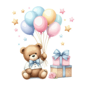 Naklejki Cute watercolor teddy bear with balloons. Happy birthday card.